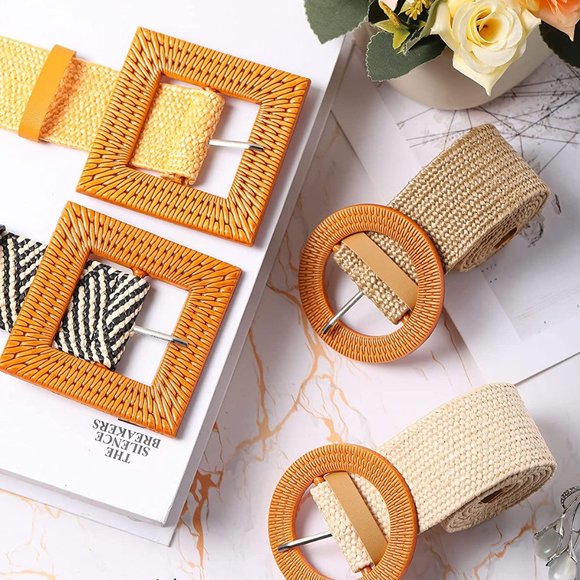 4 Pack Straw Woven Belt Elastic Stretch Rattan Waist Belt Women Skinny Raffia - Picture 2 of 5